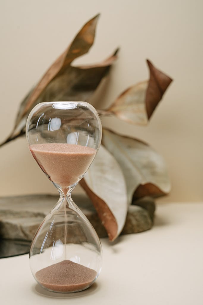Clear Hour Glass beside Brown Leaves